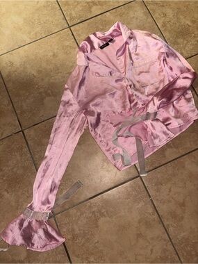 Nasty Gal Pink Satin Tie-Waist Blouse